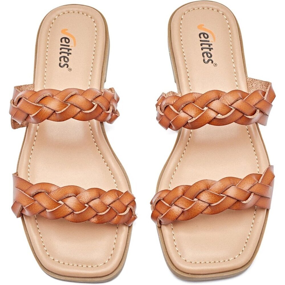 Women's Flat Slide Brown Sandals Casual Simple Strappy Slip on Shoes